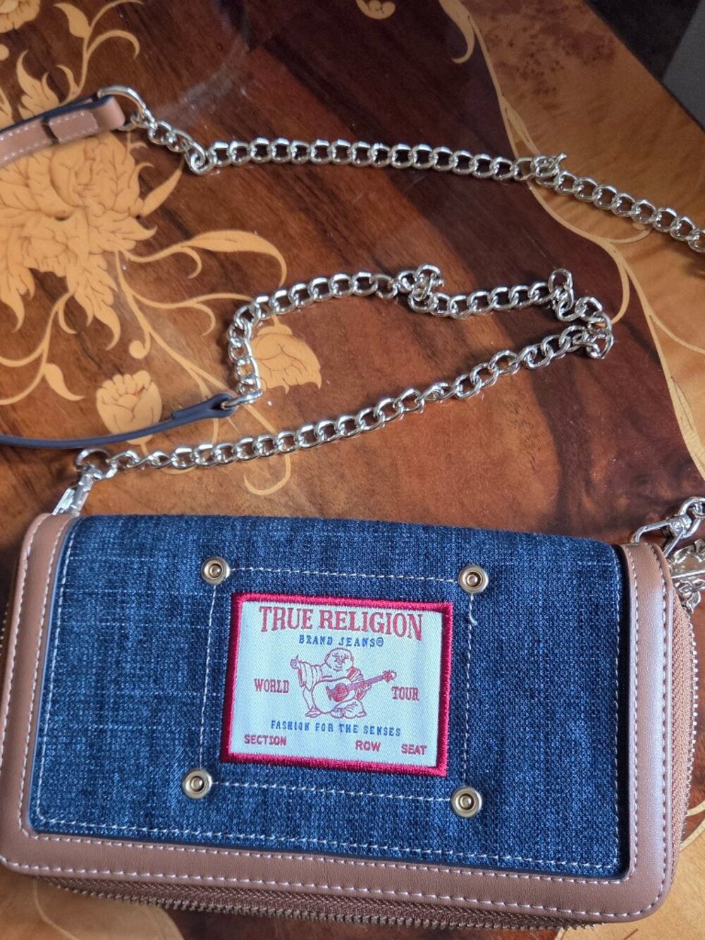True Religion Denim and Tan Leather Trim Crossbody